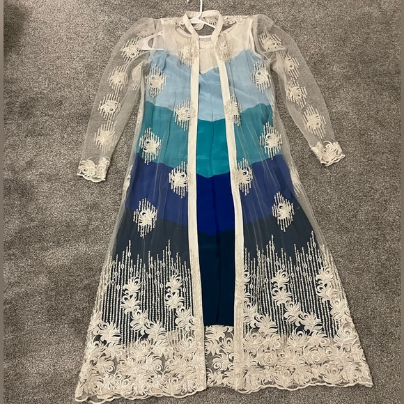 White and blue net gown with undershirt and trouser - Picture 1 of 11